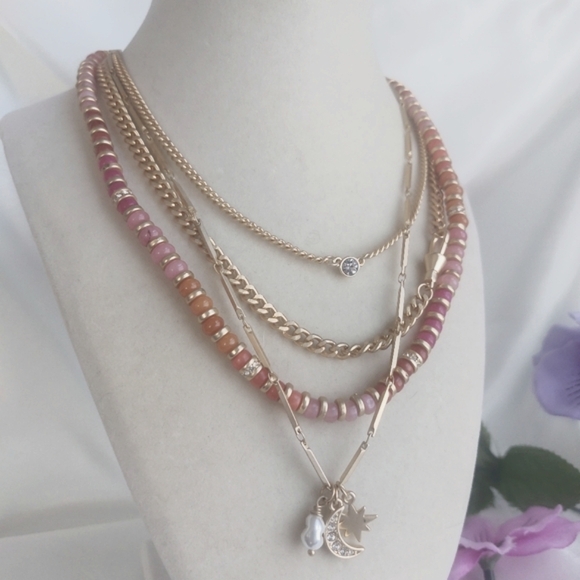 LOFT Necklace Celestial Charms Gold Coral Beaded Boho Chic Moon Star Layer Stack - Picture 3 of 7